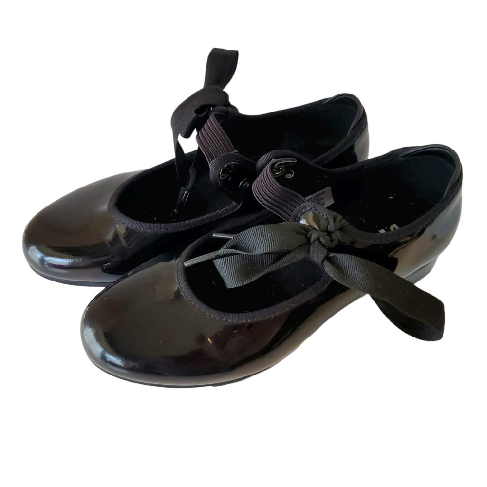 Bloch Black Vegan Patent Leather Tap Dance Shoes Girls Kid Size 1M Ribbon